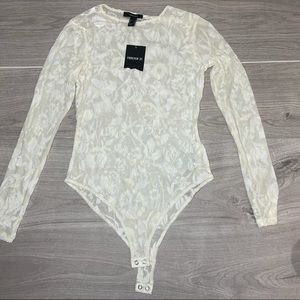 Forever 21 White Mesh Long Sleeve Bodysuit